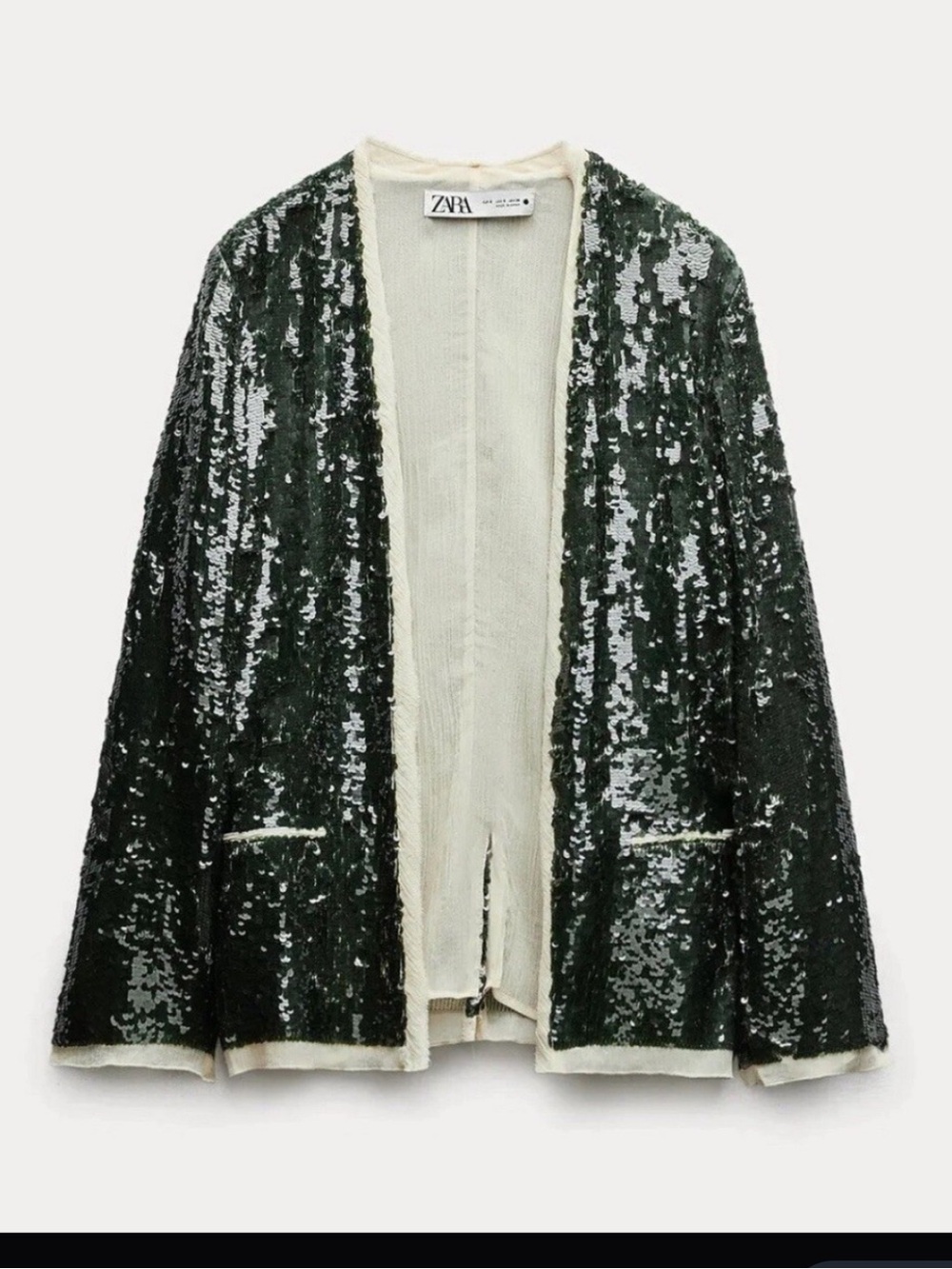 Zara Emerald Sequin Blazer with Cream Contrast Trim